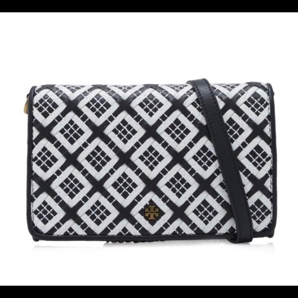 NWT Tory Burch Robinson Woven White & Black Leather Combo Purse Handbag - Picture 9 of 10